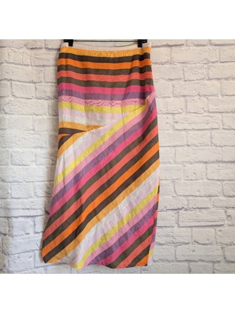 Alembika Colorful Stripe Linen Blend Midi Skirt 3 Pink Orange White Boho Artsy